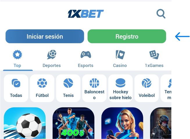 Toca el botón verde que dice Registrarse 1xbet Betapk México